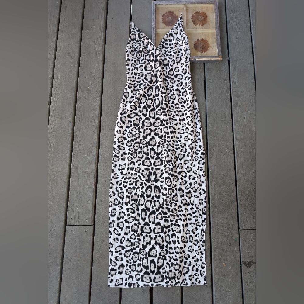 Majorelle Gray Cheetah Animal Print Maxi Slip Dress S Side‎ Slit Boho